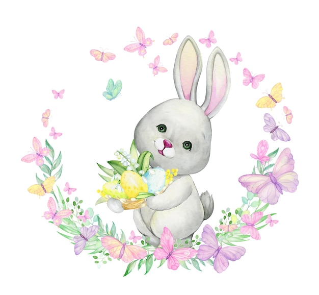 Кролик, пасхальные яйца, яйца, цветы, бабочки, растения. Акварельная концепция в мультяшном стиле