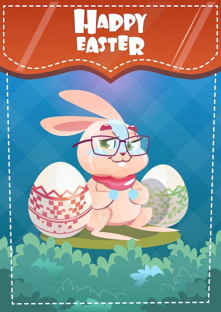 Vector rabbit easter holiday bunny hold decorated eggs greeting card