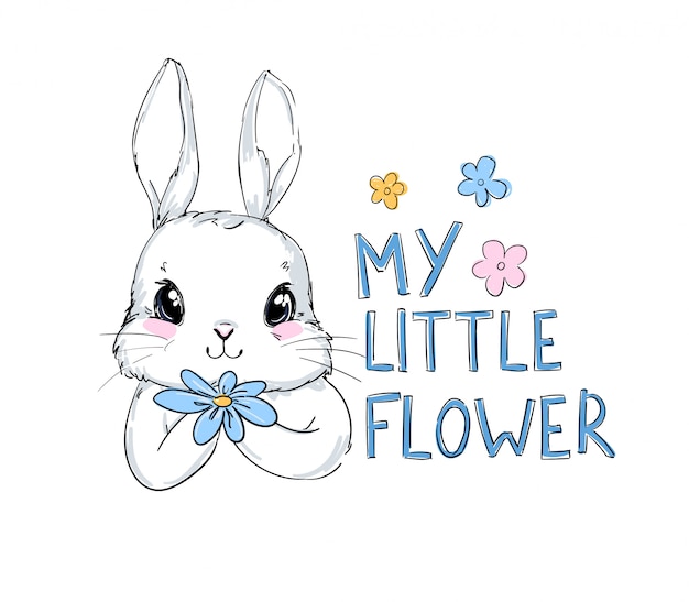 Rabbit and Flowers Childish illustration. Bunny Print design for children's textiles.