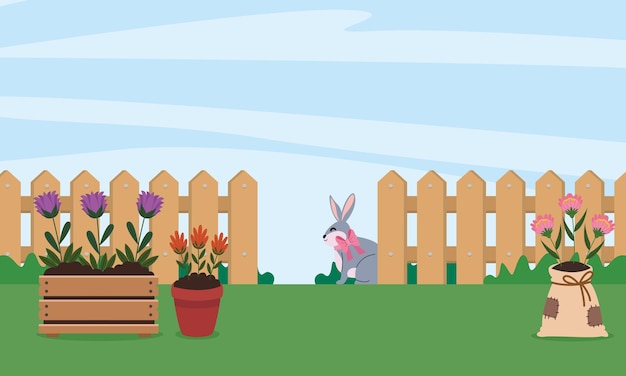 Rabbit in garden with fence