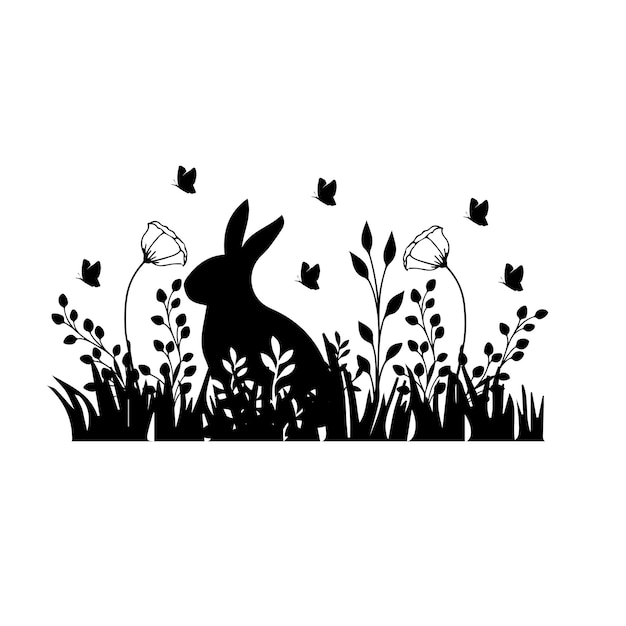 A rabbit in the grass with butterflies