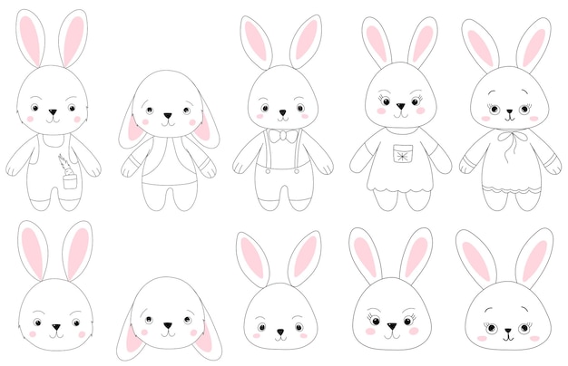 Rabbit hare cartoon set sketch outline icon isolated vector