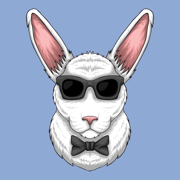 Rabbit head with sunglasses and bow tie cartoon illustration on light blue background