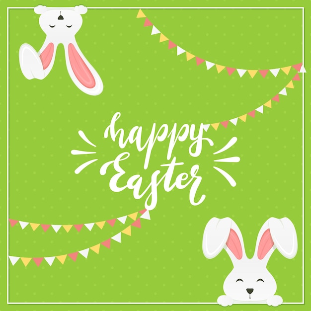 Rabbit heads and lettering Happy Easter with pennants on a green background, illustration.