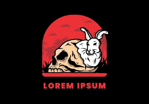 Rabbit hiding inside human skull illustration