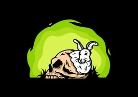 Rabbit hiding inside human skull illustration