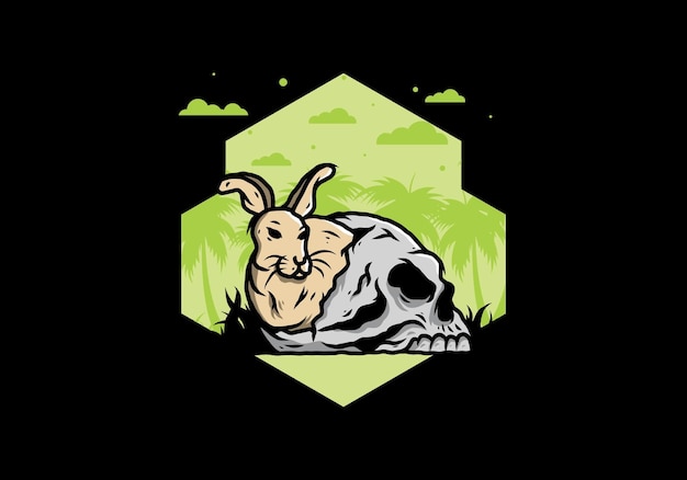 Rabbit hiding inside human skull illustration