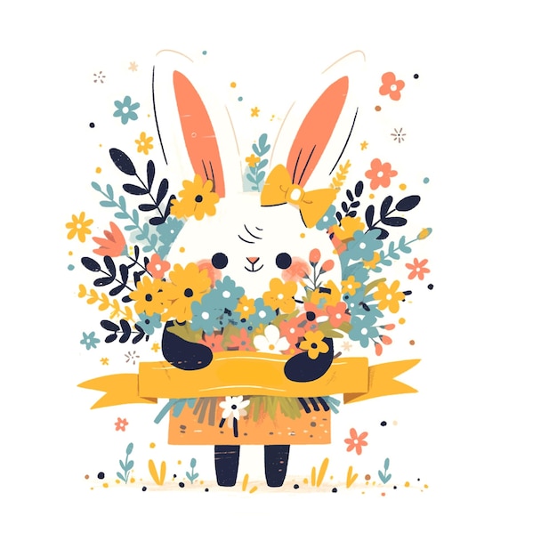 A rabbit holding a bouquet of flowers and a ribbon that says Happy Easter