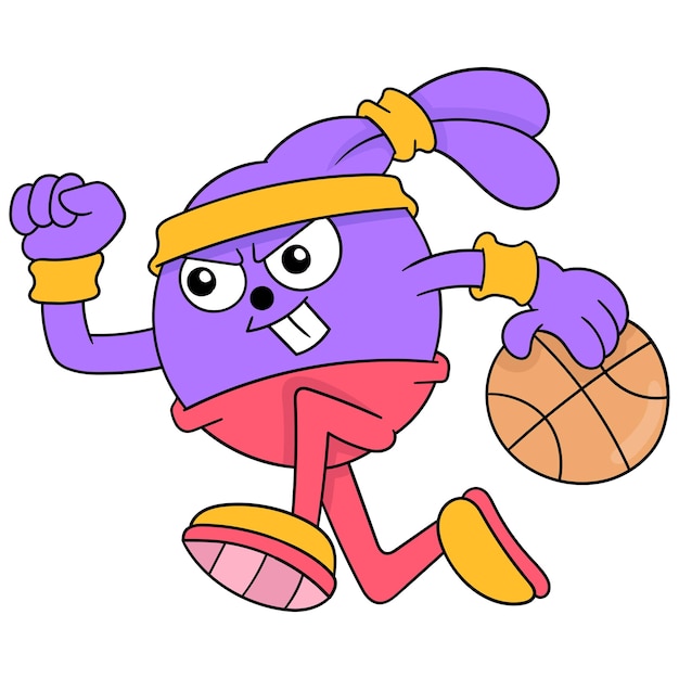 Vettore il coniglio si sta esercitando a dribblare un basket pieno di entusiasmo, illustrazione vettoriale art. doodle icona immagine kawaii.