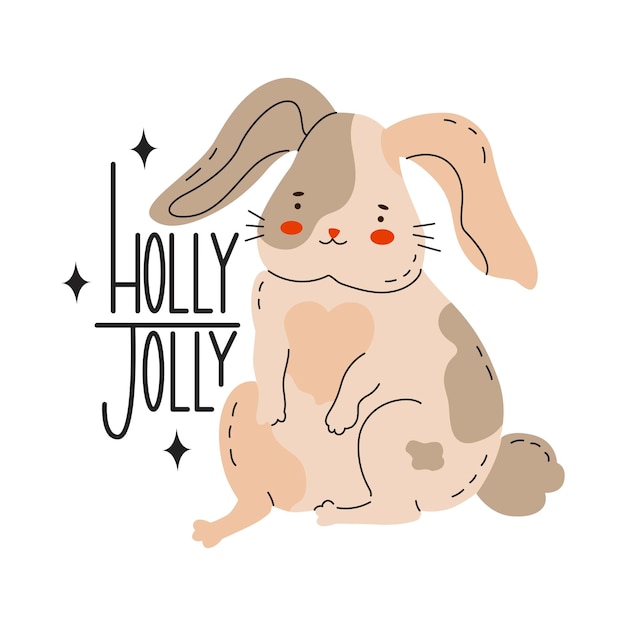 The rabbit is the symbol of the Chinese New Year Christmas or Easter Bunny for greeting cards Zodiac signs Quote Holly Jolly Vector illustration in cartoon style