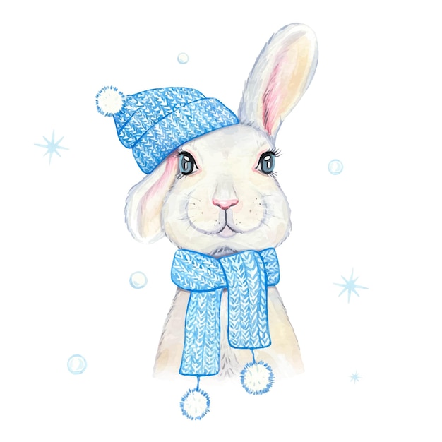 Rabbit in a knitted blue hat and scarf watercolor illustration