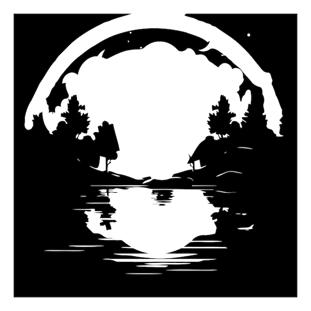 Vector rabbit on the lake in the forest at night