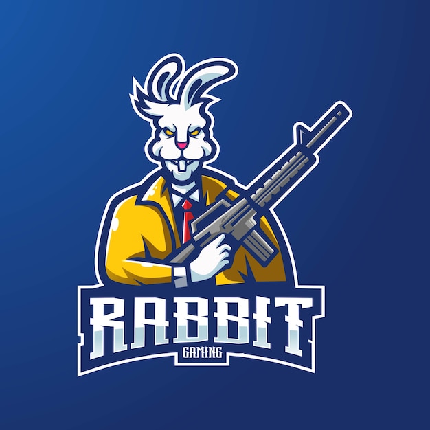 Logo design mascotte coniglio con stile moderno concetto di illustrazione per la stampa di badge, emblemi e t-shirt. illustrazione di un coniglio che porta una pistola per una squadra di e-sport