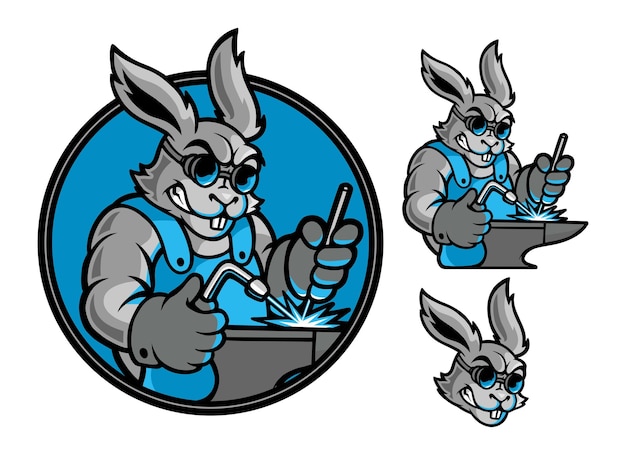 Vector rabbit mascot welding on the anvil vector