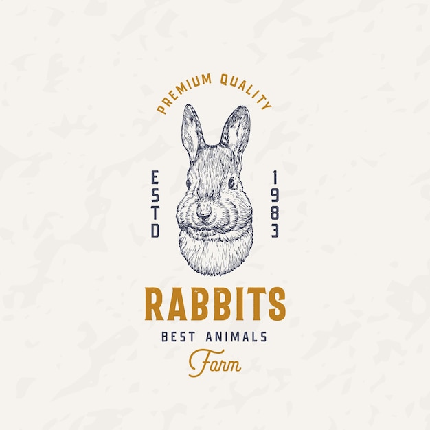 Rabbit meat farm retro badge logo template disegnato a mano animale schizzo con tipografia retrò emblema di schizzo del volto di lepre vintage isolato