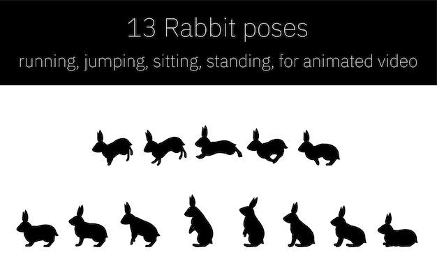 Rabbit movements for animation running and jumping and standing up silhouettes