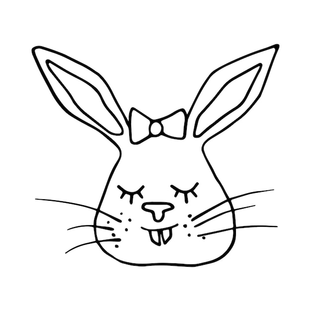 Морда кролика с большими ушами и зубами с луком закрытыми глазами каракули мультяшный линейный