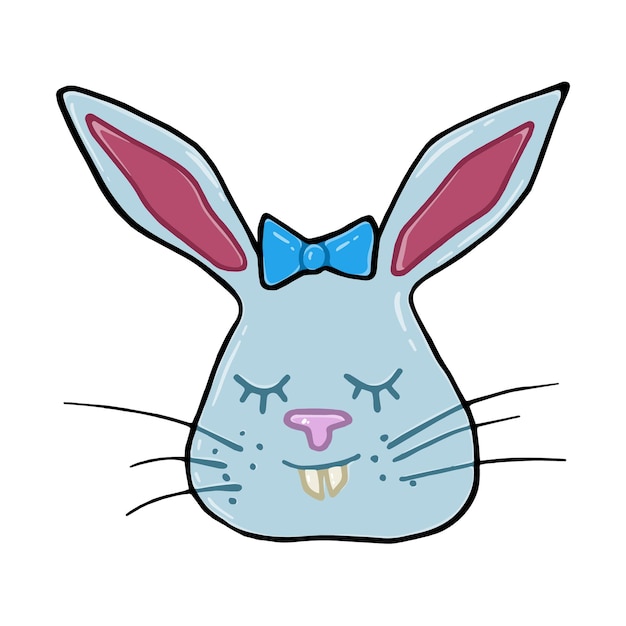 Rabbit muzzle with big ears and teeth with a bow closed eyes doodle cartoon linear