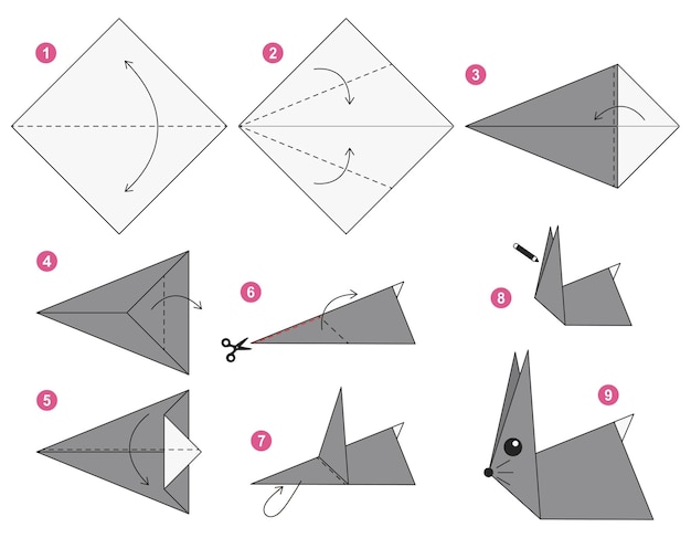 Rabbit origami scheme tutorial moving model. Origami for kids. Step by step.