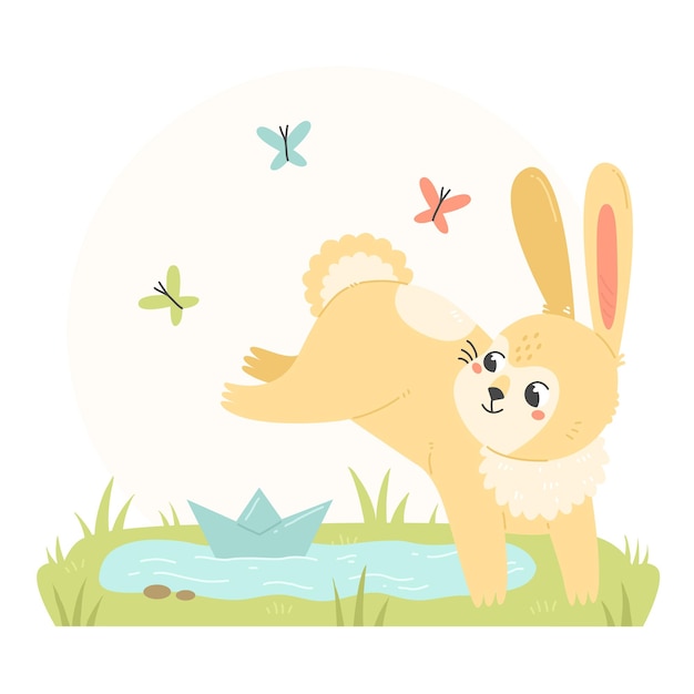 rabbit playing with a paper boat in a cartoon flat style The bunny character jumps through a puddle