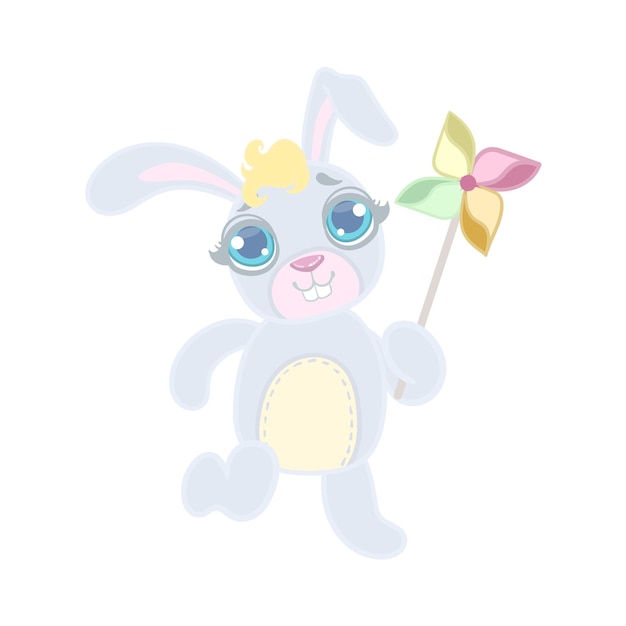 Кролик играет с игрушечной ветряной мельницей