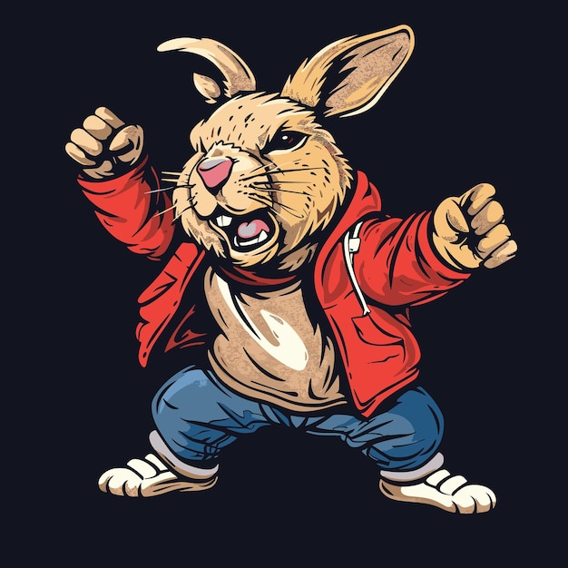 Rabbit in red jacket and blue jeans Vector illustration on black background