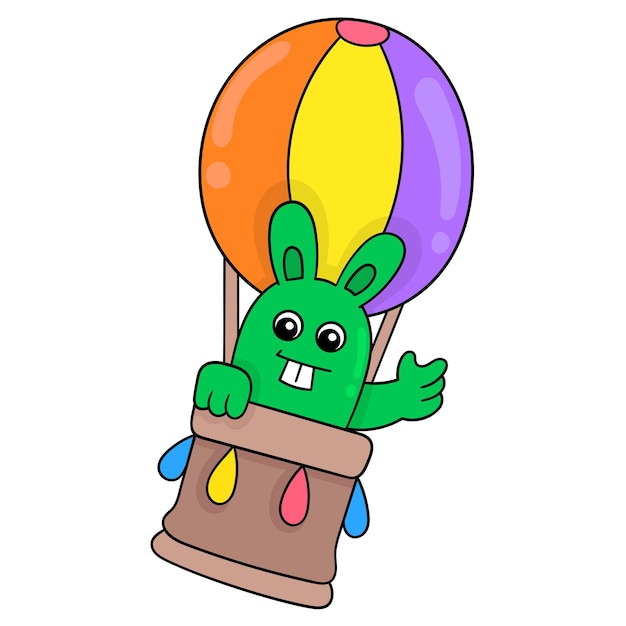 Coniglio in sella a una mongolfiera che vola nel cielo, illustrazione vettoriale art. doodle icona immagine kawaii.