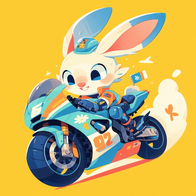 A rabbit riding a motorcycle cartoon style