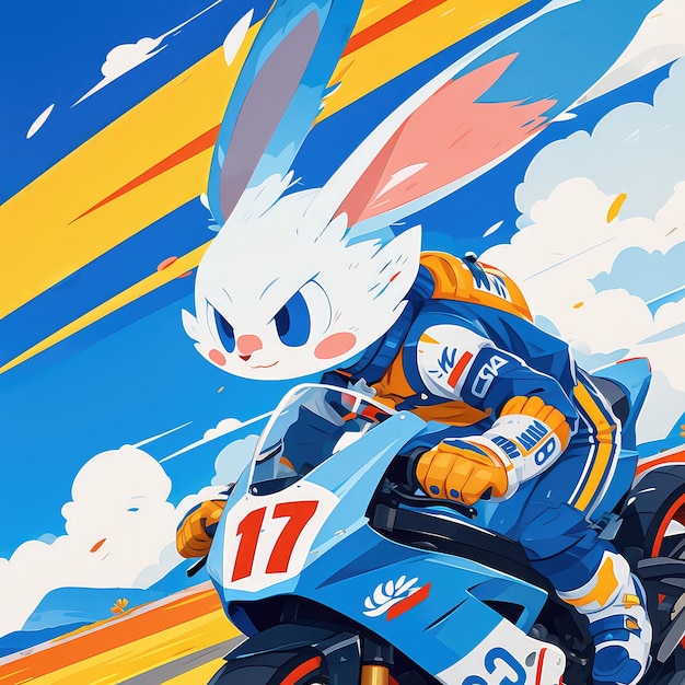 A rabbit riding a motorcycle cartoon style