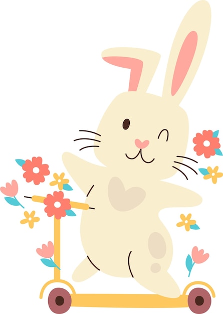 Vector rabbit on scooter with flowers