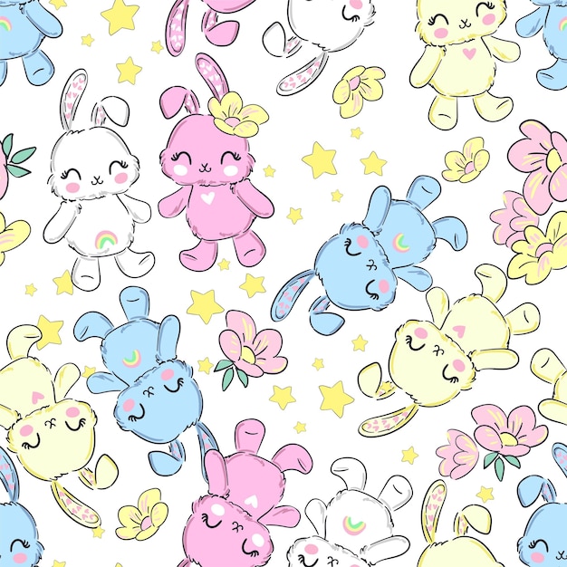 Rabbit seamless pattern colorfull hand drawn bunny print design rabbit background vector seamless