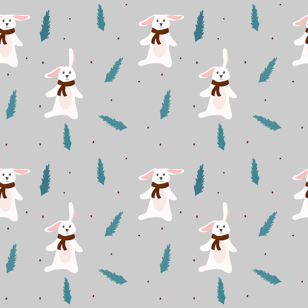 Rabbit seamless pattern on grey background Christmas and New Year background