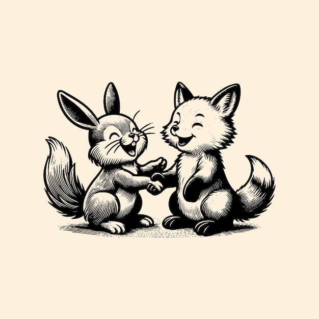 a rabbit shaking hands with a fox