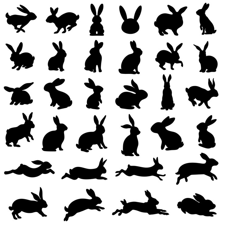 Vector 토끼 실루 검은 터 세트는 다양한 각도에서 다양한 포즈의 부활절 토끼를 특징으로합니다.