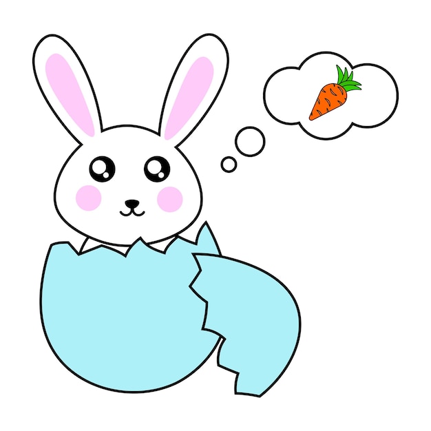 The rabbit sits in an eggshell and thinks about a carrot