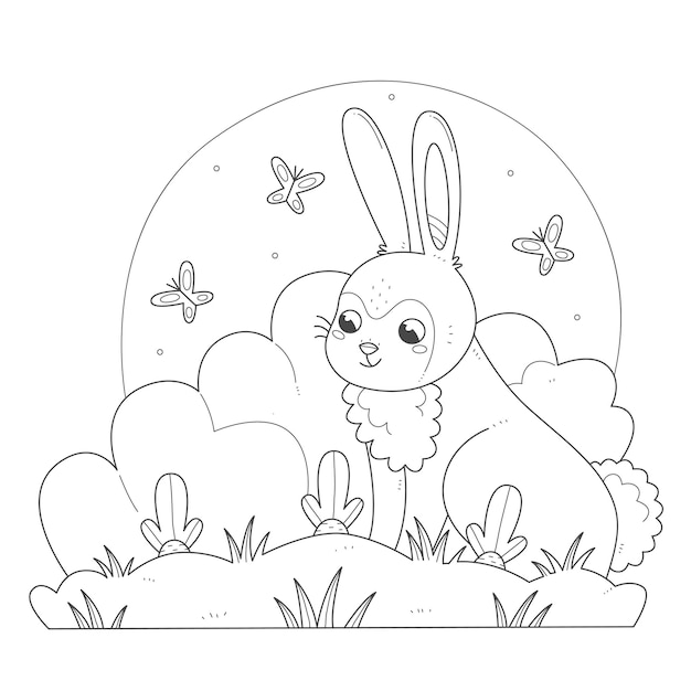 A rabbit sits next to a growing carrot coloring book bunny character grows crops coloring page