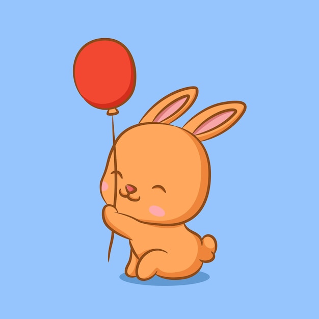 Vector rabbit sitting and holding rope of red balloon