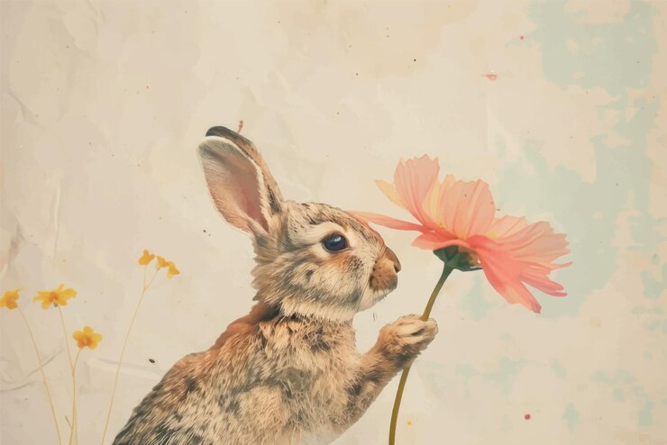 Vector rabbit sniffing pink flower