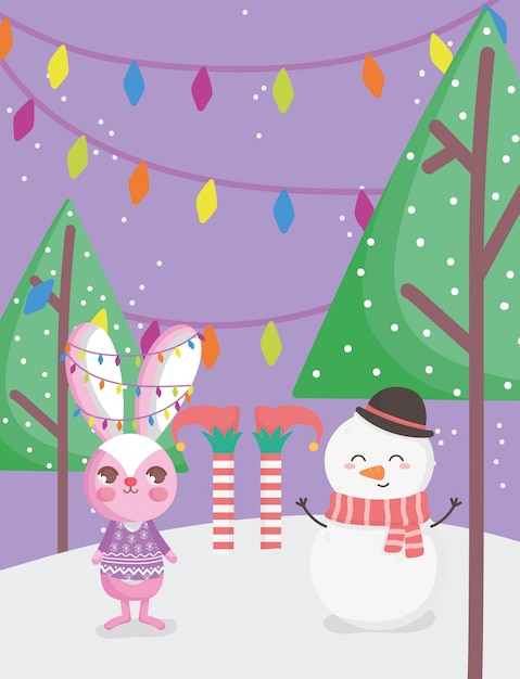 ウサギ、雪だるま、エルフの足の木クリスマスカード