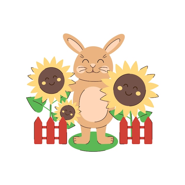 Кролик стоит с подсолнухами. Летний персонаж и цветы. Милый бежевый кролик