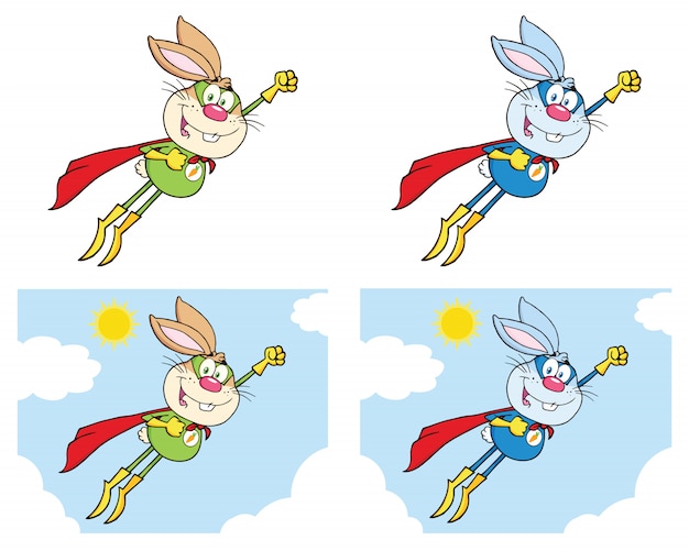 Rabbit Super Hero Cartoon Mascot Character Set