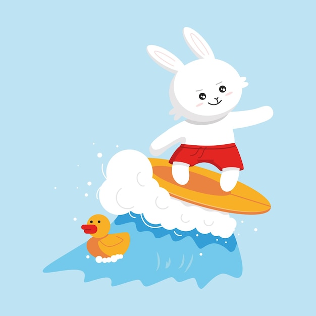 Rabbit swims on a wave on a surfboard