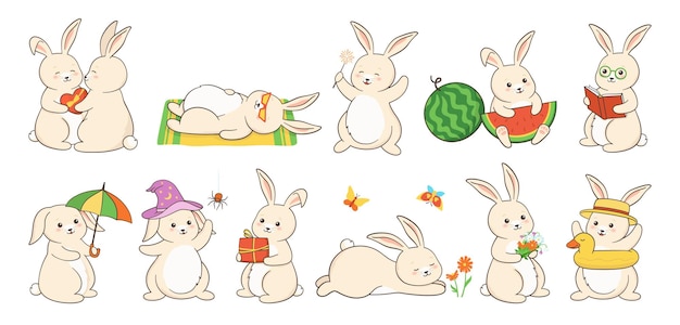 Vector rabbit vector flat cartoon set bunny cute hare pet different poses vector illustration mascot