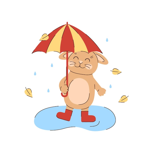 Rabbit walks with an umbrella and rubber boots in the rain. Autumn character and leaves