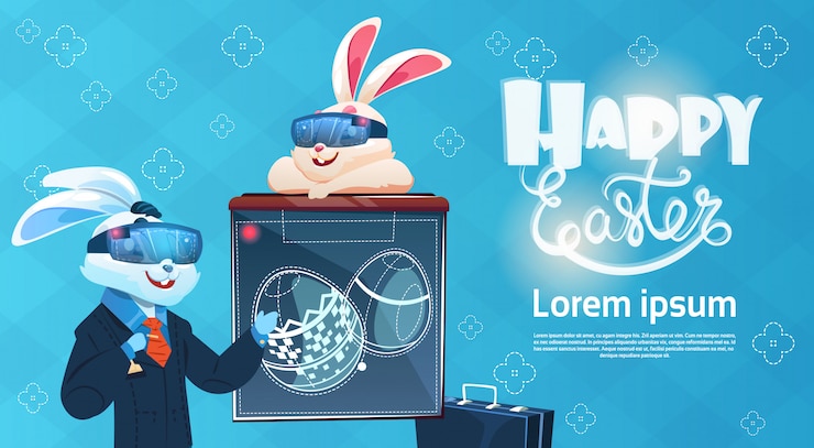 Vector rabbit wear digital glasses virtual reality decorated eggs easter holiday greeting card