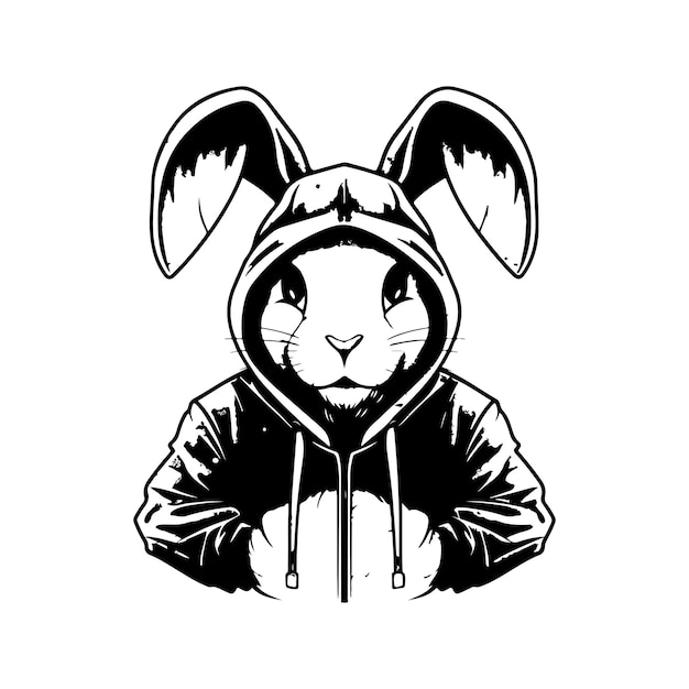 Rabbit wearing hoodie vintage logo line art concept black and white color hand drawn illustration
