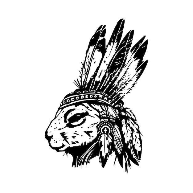 rabbit wearing indian chief head accessories collection set hand drawn illustration