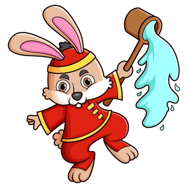 Vector rabbit wearing red clothes chinese traditional and playing water dipper