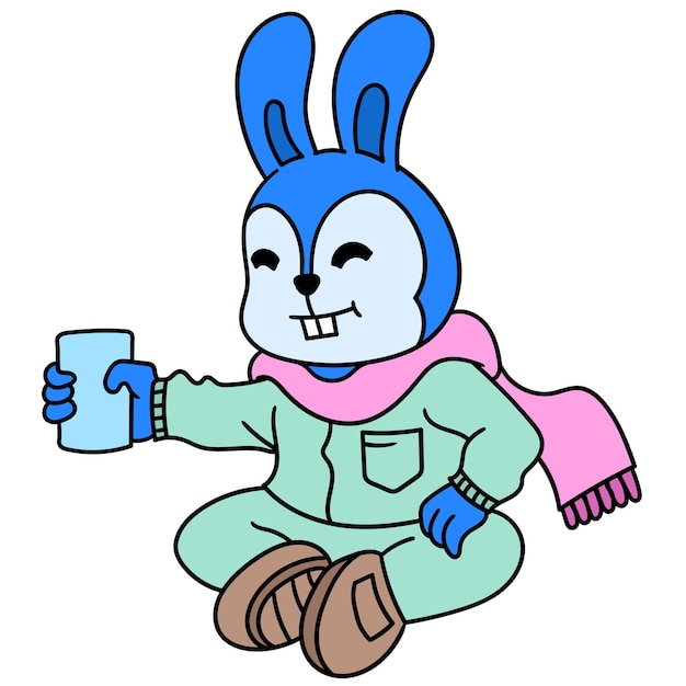 The rabbit wearing a winter scarf enjoys a glass of hot drink, doodle draw kawaii. vector illustration art