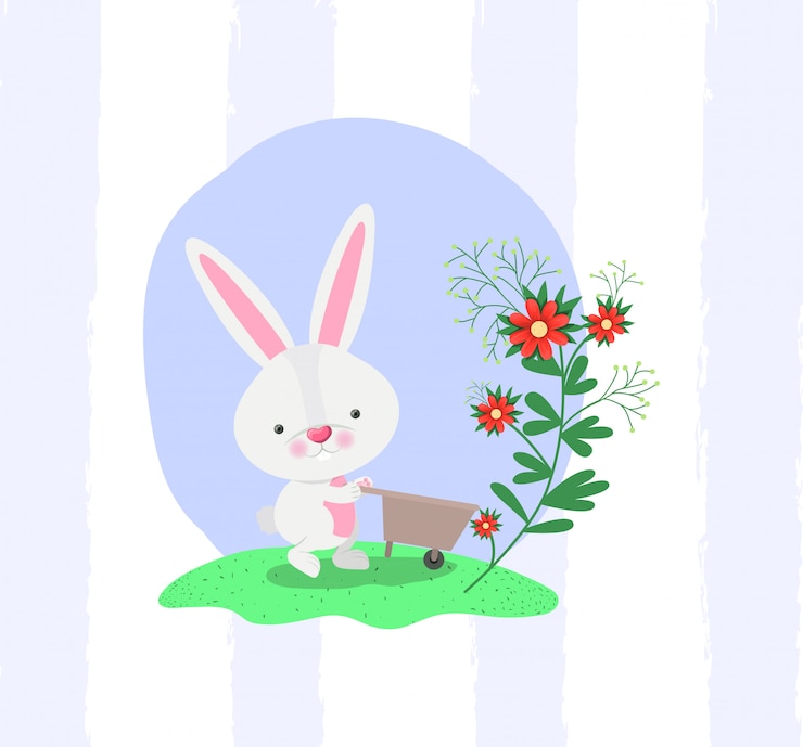 Vector rabbit and wheelbarrow with flowers in the garden